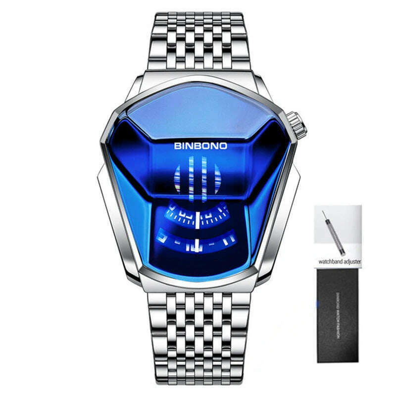 KIMLUD, BINBOND Fashion Luxury Unique Military Motorcycle Stainless Steel Business Sports Men's Golden Watch Style Concept With box, Silver-Blue, KIMLUD APPAREL - Womens Clothes