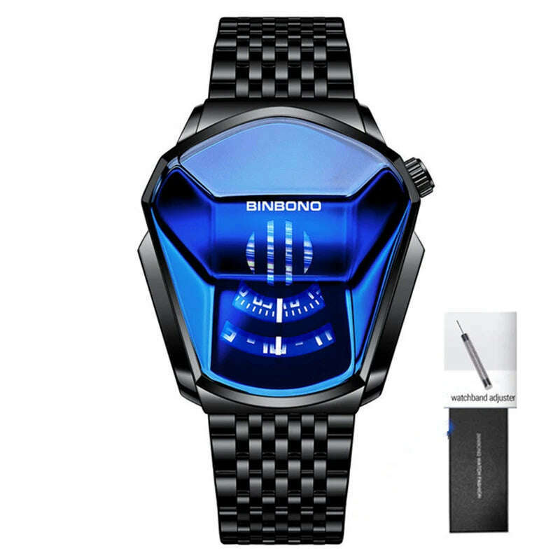 KIMLUD, BINBOND Fashion Luxury Unique Military Motorcycle Stainless Steel Business Sports Men's Golden Watch Style Concept With box, Black-Blue, KIMLUD APPAREL - Womens Clothes