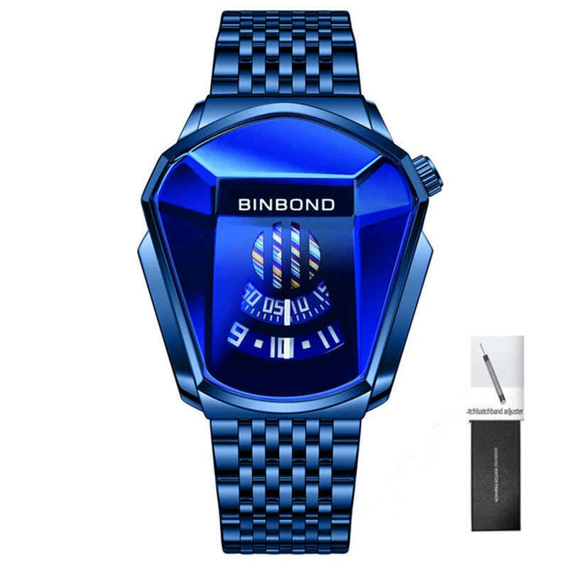 KIMLUD, BINBOND Fashion Luxury Unique Military Motorcycle Stainless Steel Business Sports Men's Golden Watch Style Concept With box, Blue-Blue, KIMLUD APPAREL - Womens Clothes