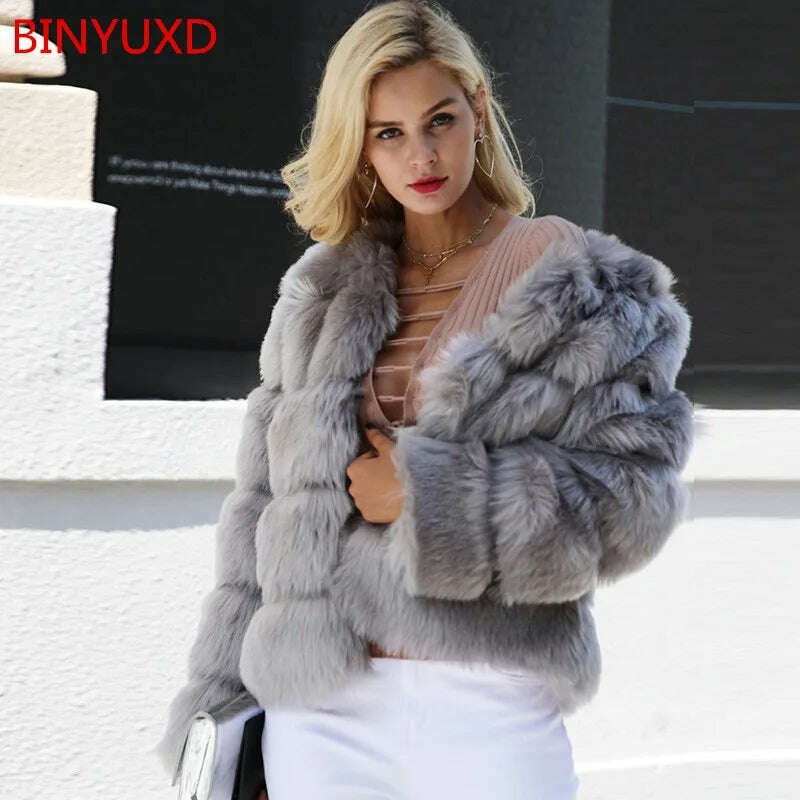 KIMLUD, BINYUXD 2018 Faux Fur Factory Fox Faux Fur Coat Women Winter Warm Artifical Fur Coat Overcoat Female Ladies Faux Furs Jacket, KIMLUD Womens Clothes