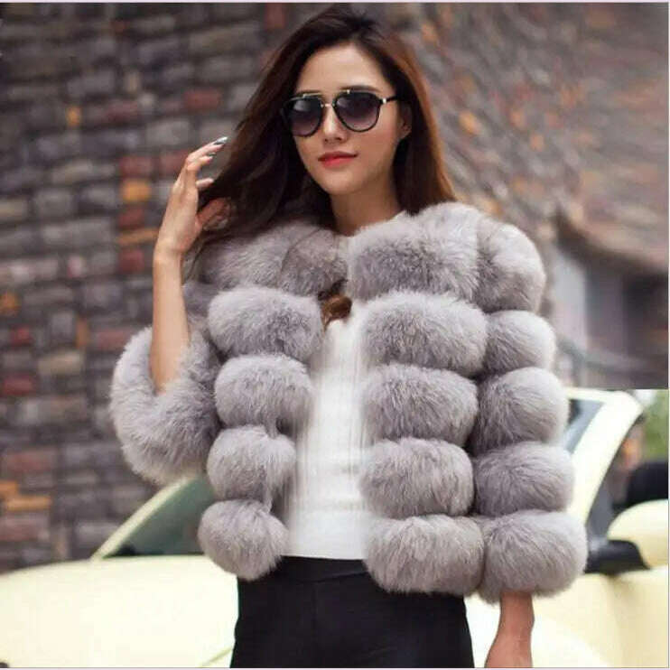 KIMLUD, BINYUXD 2018 Faux Fur Factory Fox Faux Fur Coat Women Winter Warm Artifical Fur Coat Overcoat Female Ladies Faux Furs Jacket, GRAY / M / CHINA, KIMLUD APPAREL - Womens Clothes