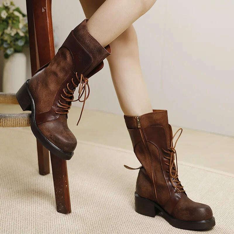 KIMLUD, Birkuir Thick Heel Long Boots For Women Lace Up Zip Shoes Punk Boots Genuine Leather Thick Heel Ladies Boots, KIMLUD Womens Clothes