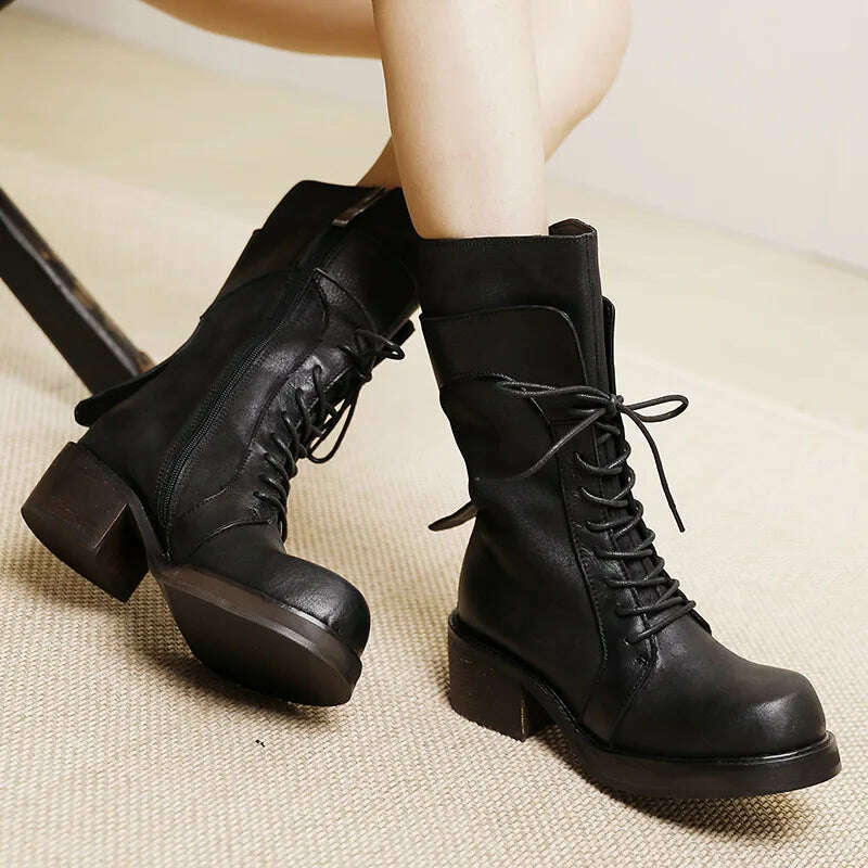 KIMLUD, Birkuir Thick Heel Long Boots For Women Lace Up Zip Shoes Luxury Punk Boots Genuine Leather Thick Heel Ladies Boots Original, KIMLUD Womens Clothes