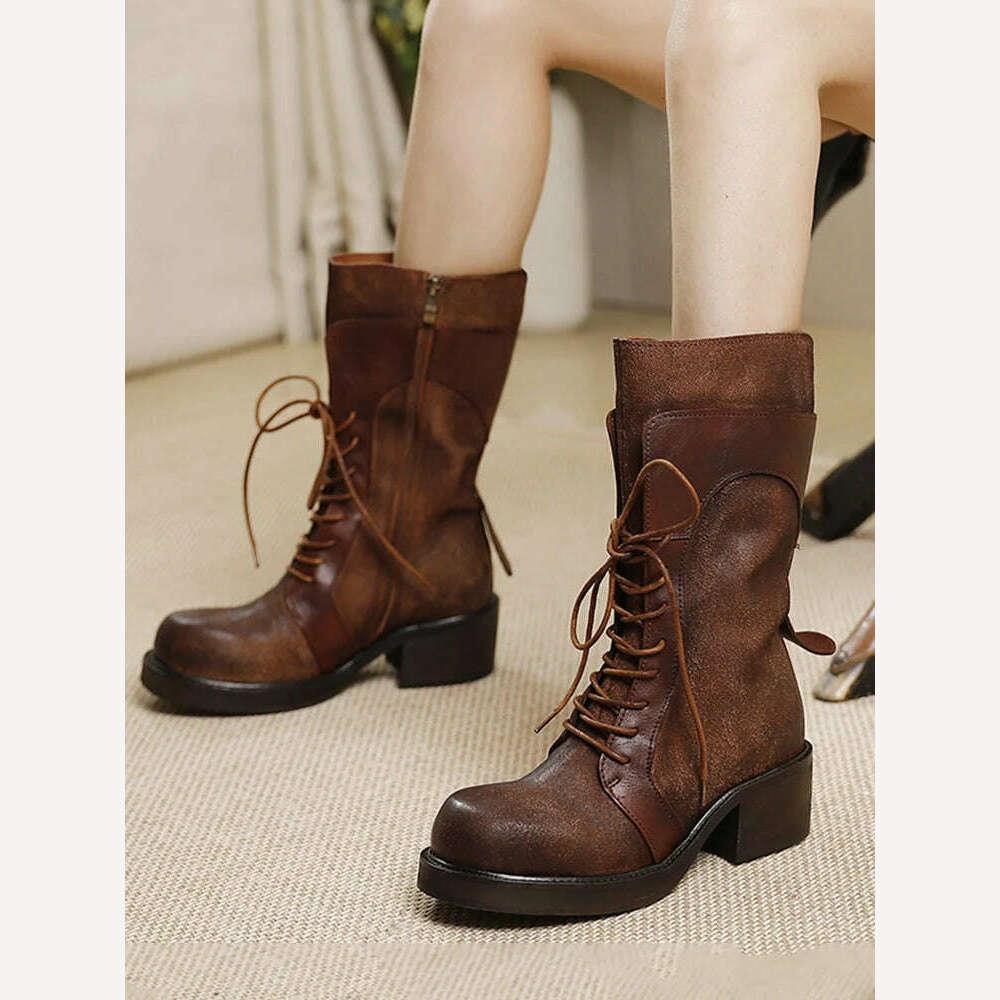 KIMLUD, Birkuir Thick Heel Long Boots For Women Lace Up Zip Shoes Punk Boots Genuine Leather Thick Heel Ladies Boots, KIMLUD Womens Clothes