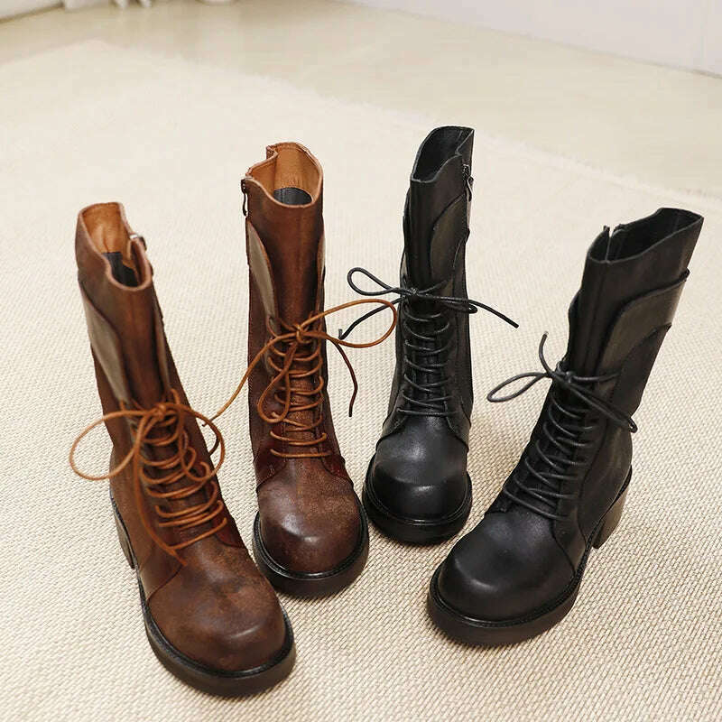 KIMLUD, Birkuir Thick Heel Long Boots For Women Lace Up Zip Shoes Luxury Punk Boots Genuine Leather Thick Heel Ladies Boots Original, KIMLUD Womens Clothes