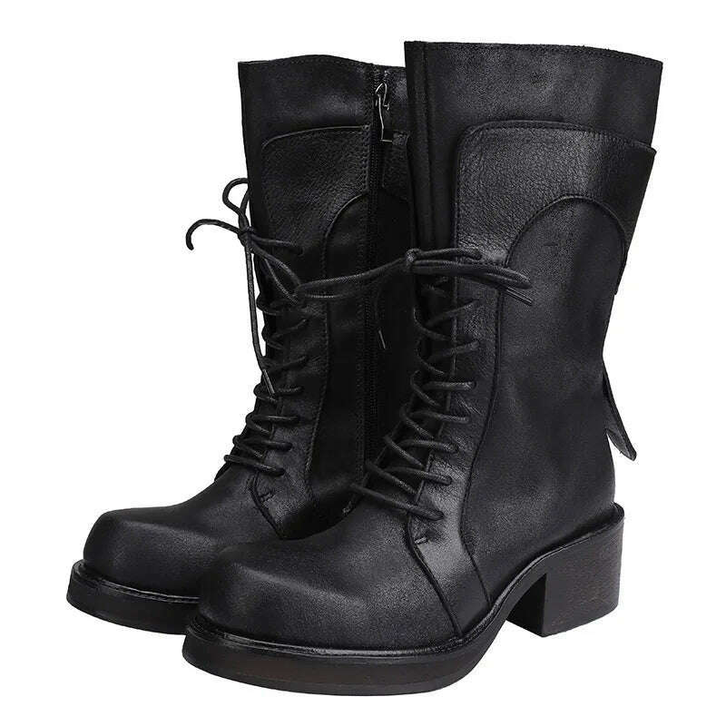 KIMLUD, Birkuir Thick Heel Long Boots For Women Lace Up Zip Shoes Luxury Punk Boots Genuine Leather Thick Heel Ladies Boots Original, black / 35, KIMLUD Womens Clothes