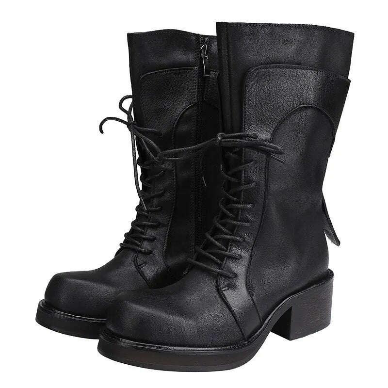 KIMLUD, Birkuir Thick Heel Long Boots For Women Lace Up Zip Shoes Punk Boots Genuine Leather Thick Heel Ladies Boots, KIMLUD Womens Clothes