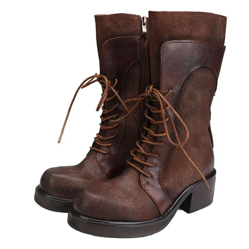 KIMLUD, Birkuir Thick Heel Long Boots For Women Lace Up Zip Shoes Luxury Punk Boots Genuine Leather Thick Heel Ladies Boots Original, Coffee / 35, KIMLUD Womens Clothes