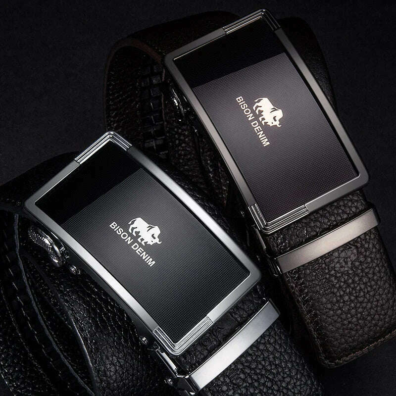 BISON DENIM Genuine Leather Belts For Men Luxury Brand Cowskin Belt Male Casual Automatic Jeans Belt Strap Gift For Man N71347 - KIMLUD