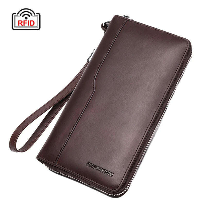 KIMLUD, BISON DENIM Genuine leather Wallet Men Zipper Coin Pocket Long Purse Male Passport Cover RFID Blocking Card Holder Wallet, KIMLUD Womens Clothes