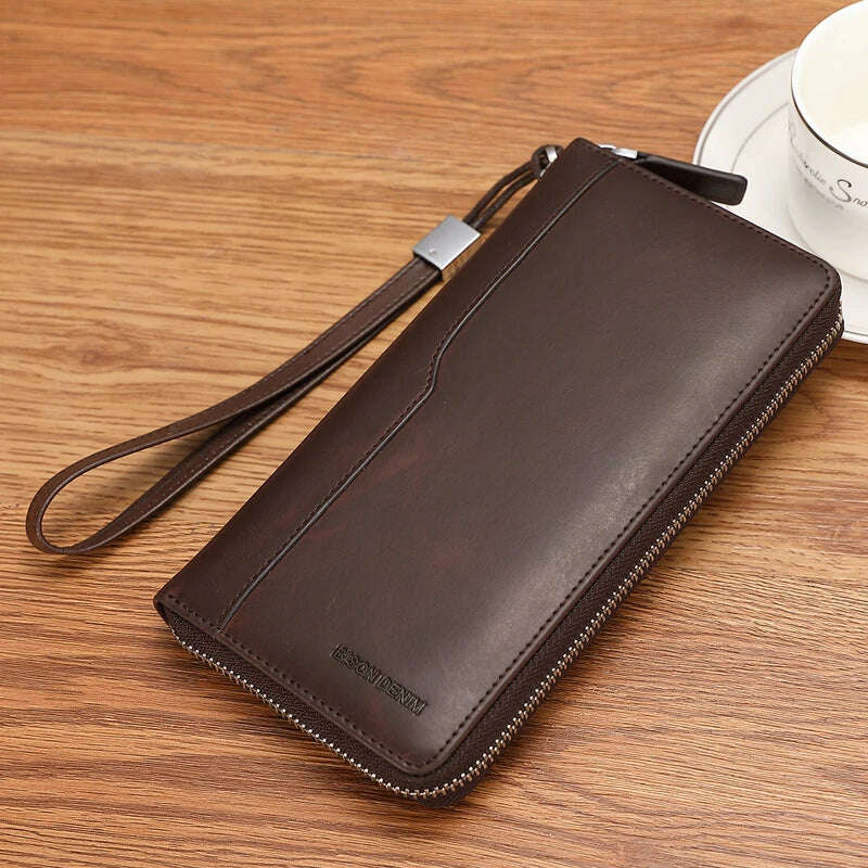 KIMLUD, BISON DENIM Genuine leather Wallet Men Zipper Coin Pocket Long Purse Male Passport Cover RFID Blocking Card Holder Wallet, KIMLUD Womens Clothes