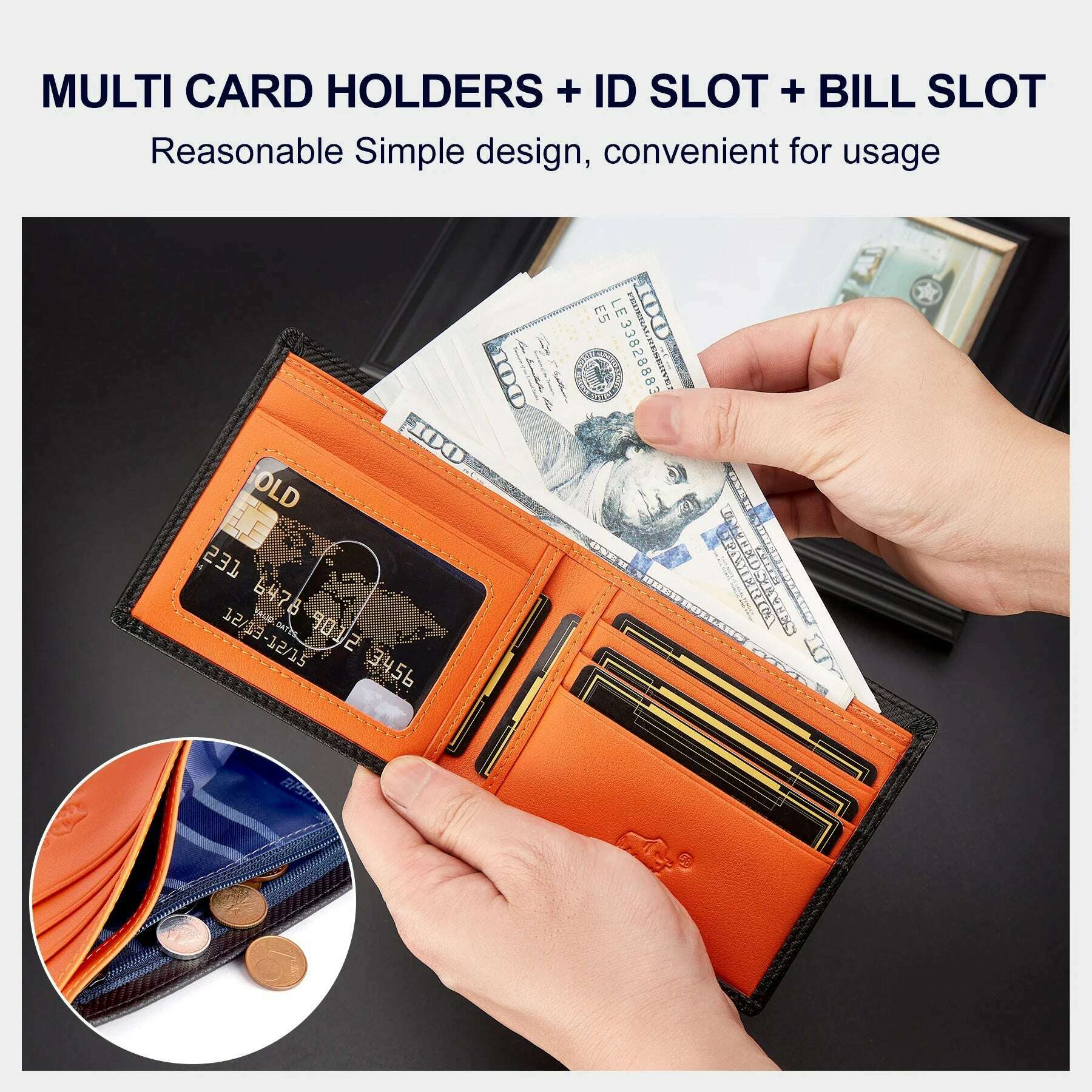 KIMLUD, BISON DENIM High Quality Carbon Fiber Men Wallet RFID Blocking Card Holder Short Wallet Best Gift Boyfriend Husband Father Purse, KIMLUD Womens Clothes