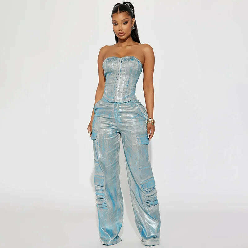 KIMLUD, BKQU American Straight Pockets High Waist Jeans Women Cargo Pants 2023 Fashion Silver Shiny Print Loose Wide Leg Denim Trousers, KIMLUD Womens Clothes