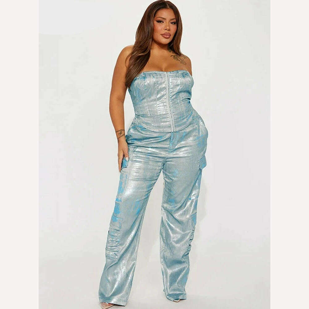 KIMLUD, BKQU American Straight Pockets High Waist Jeans Women Cargo Pants 2023 Fashion Silver Shiny Print Loose Wide Leg Denim Trousers, KIMLUD Womens Clothes