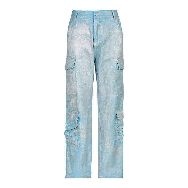 KIMLUD, BKQU American Straight Pockets High Waist Jeans Women Cargo Pants 2023 Fashion Silver Shiny Print Loose Wide Leg Denim Trousers, KIMLUD Womens Clothes