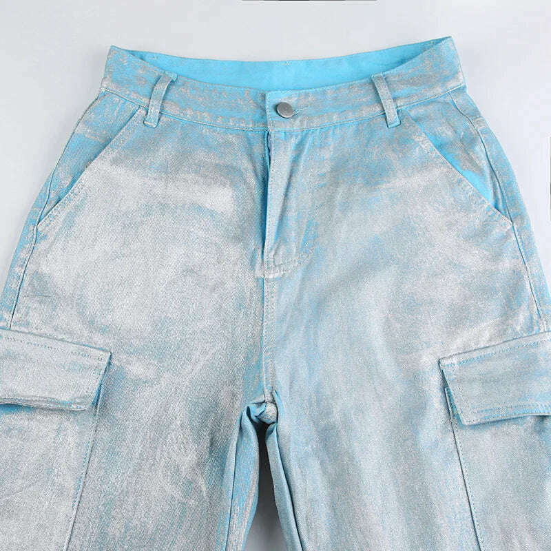 KIMLUD, BKQU American Straight Pockets High Waist Jeans Women Cargo Pants 2023 Fashion Silver Shiny Print Loose Wide Leg Denim Trousers, KIMLUD Womens Clothes