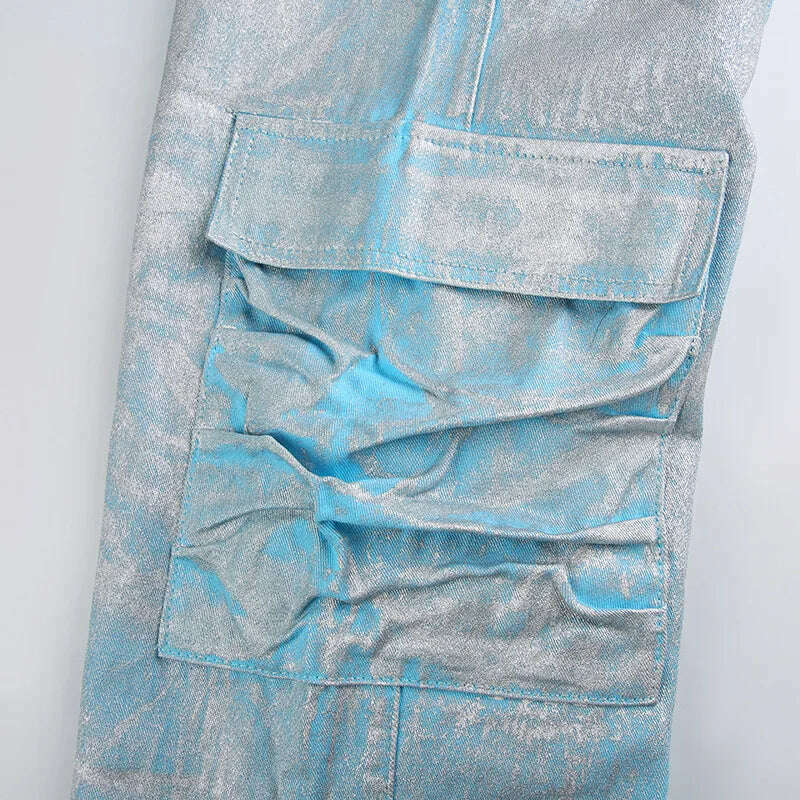 KIMLUD, BKQU American Straight Pockets High Waist Jeans Women Cargo Pants 2023 Fashion Silver Shiny Print Loose Wide Leg Denim Trousers, KIMLUD Womens Clothes