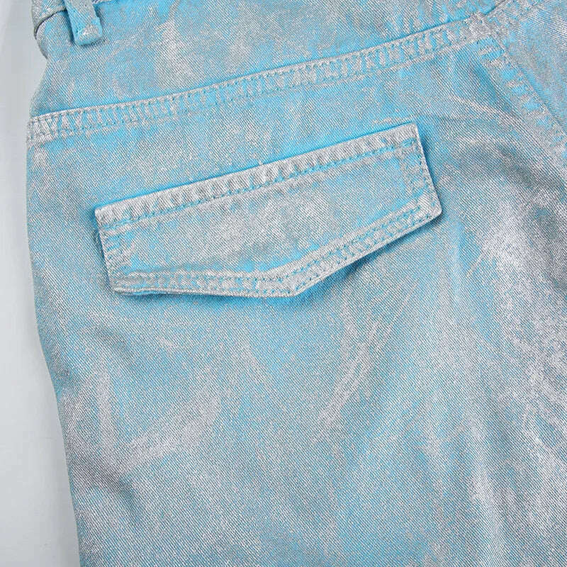 KIMLUD, BKQU American Straight Pockets High Waist Jeans Women Cargo Pants 2023 Fashion Silver Shiny Print Loose Wide Leg Denim Trousers, KIMLUD Womens Clothes