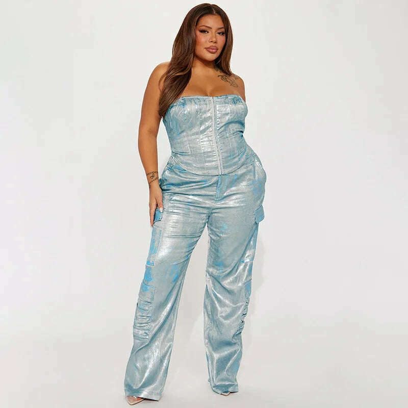 KIMLUD, BKQU American Straight Pockets High Waist Jeans Women Cargo Pants 2023 Fashion Silver Shiny Print Loose Wide Leg Denim Trousers, KIMLUD Womens Clothes