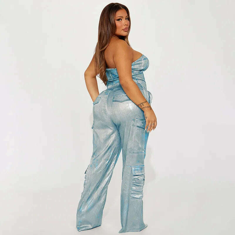 KIMLUD, BKQU American Straight Pockets High Waist Jeans Women Cargo Pants 2023 Fashion Silver Shiny Print Loose Wide Leg Denim Trousers, KIMLUD Womens Clothes