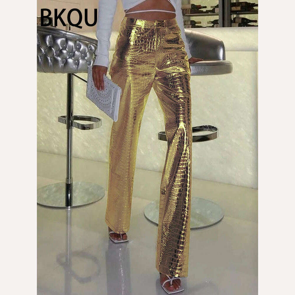 KIMLUD, BKQU Gold Sliver Leather Straight Wide Leg Pants for Women 2024 Fashion Streetwear High Waist Scale Leather Party Club Trousers, KIMLUD Womens Clothes