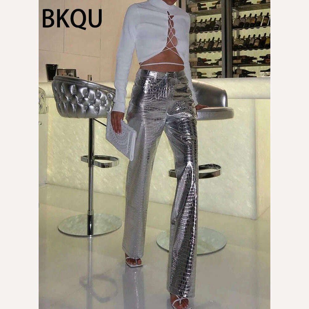 KIMLUD, BKQU Gold Sliver Leather Straight Wide Leg Pants for Women 2024 Fashion Streetwear High Waist Scale Leather Party Club Trousers, KIMLUD Womens Clothes