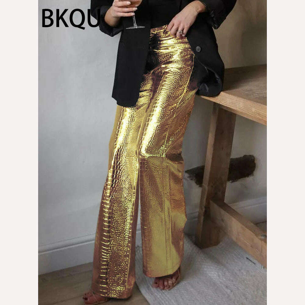 KIMLUD, BKQU Gold Sliver Leather Straight Wide Leg Pants for Women 2024 Fashion Streetwear High Waist Scale Leather Party Club Trousers, KIMLUD Womens Clothes