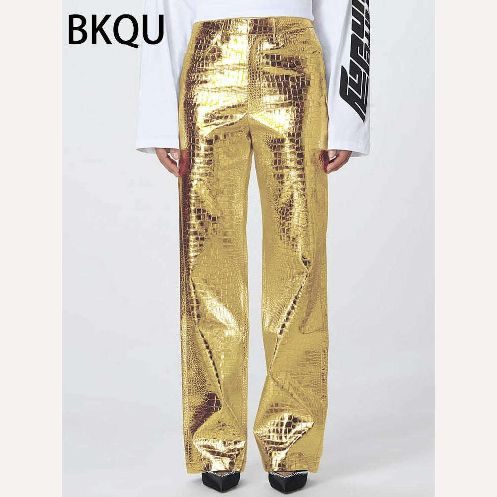 KIMLUD, BKQU Gold Sliver Leather Straight Wide Leg Pants for Women 2024 Fashion Streetwear High Waist Scale Leather Party Club Trousers, KIMLUD Womens Clothes