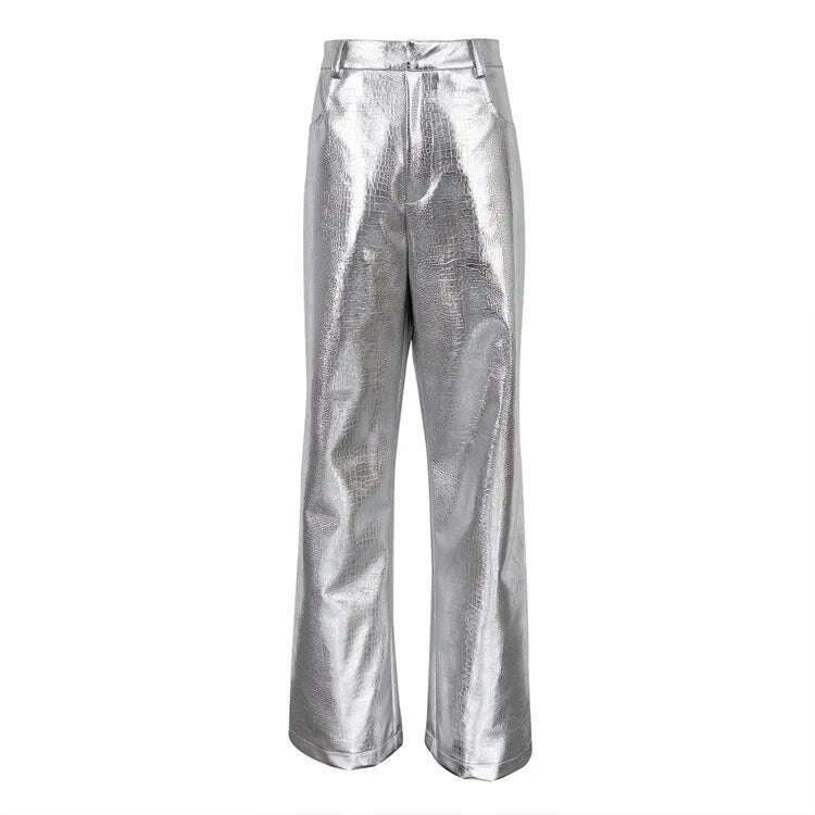 KIMLUD, BKQU Gold Sliver Leather Straight Wide Leg Pants for Women 2024 Fashion Streetwear High Waist Scale Leather Party Club Trousers, KIMLUD Womens Clothes