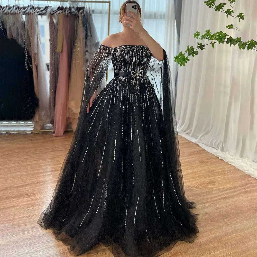 KIMLUD, Black A Line Sexy Strapless Cape Sleeves Luxury Crystal Beaded Evening Dresses Gowns For Women Party 2023 BLA71824 Serene Hill, black / 12, KIMLUD Womens Clothes