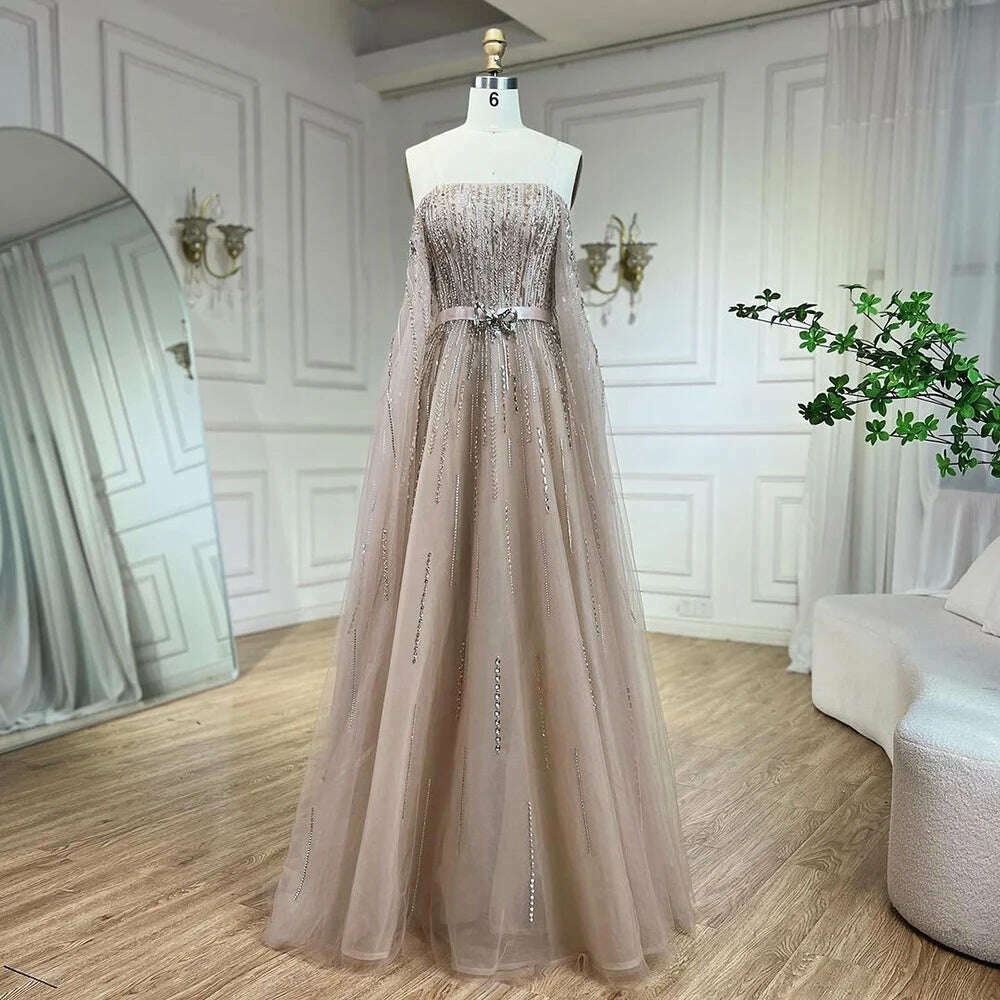KIMLUD, Black A Line Sexy Strapless Cape Sleeves Luxury Crystal Beaded Evening Dresses Gowns For Women Party 2023 BLA71824 Serene Hill, caramel / 2, KIMLUD Womens Clothes