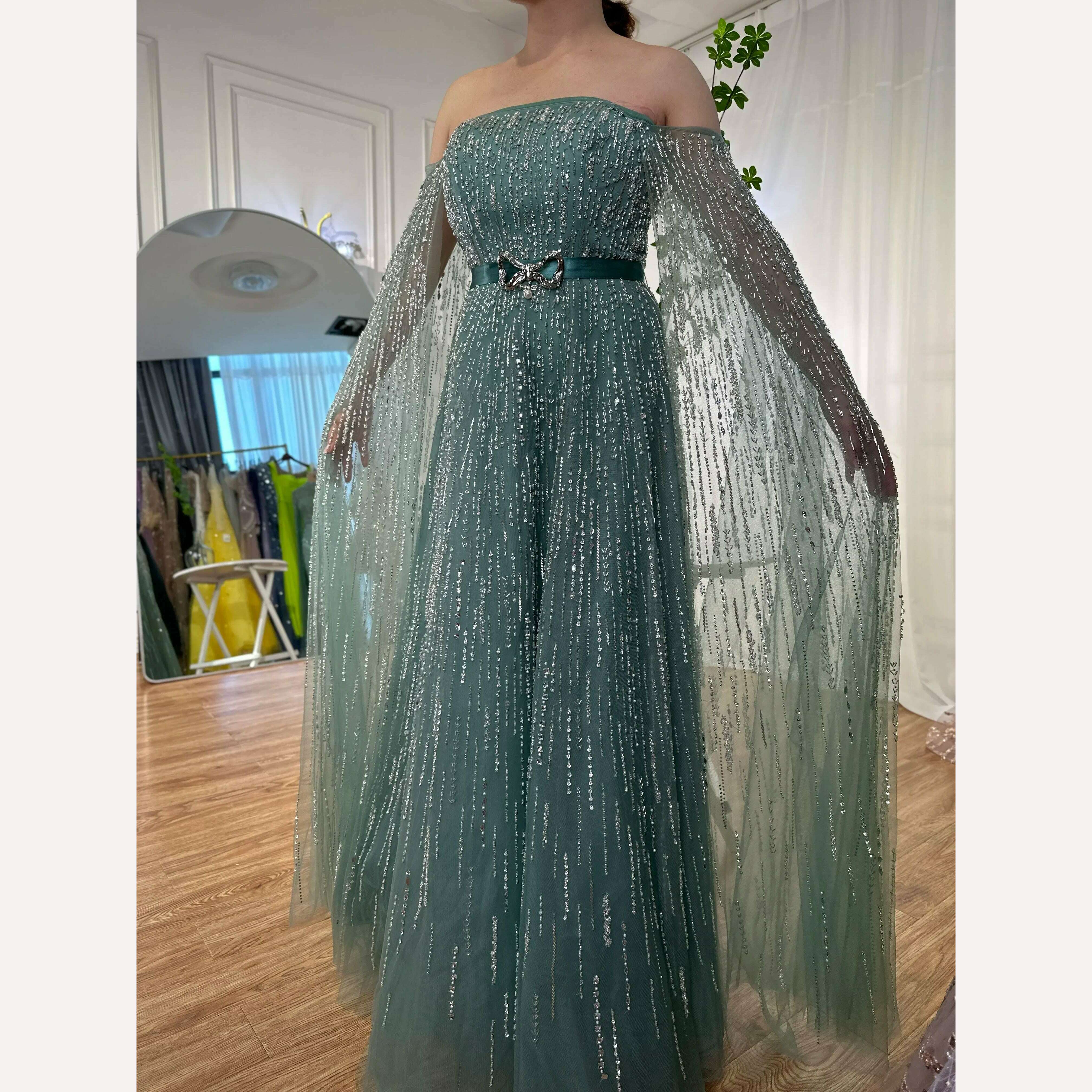 KIMLUD, Black A Line Sexy Strapless Cape Sleeves Luxury Crystal Beaded Evening Dresses Gowns For Women Party 2023 BLA71824 Serene Hill, turquoise / 16, KIMLUD Womens Clothes