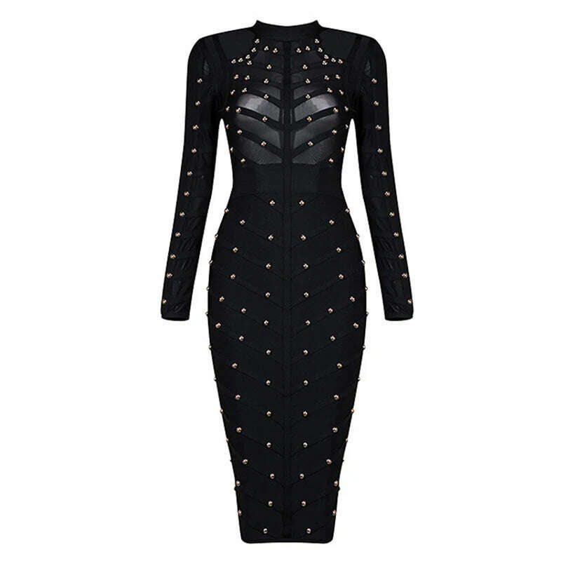 KIMLUD, Black Beade Bodycon Bandage Dress Women Vestidos 2019 Summer Sexy Elegant Black Long Sleeves Midi Celebrity Runway Party Dresses, KIMLUD Womens Clothes