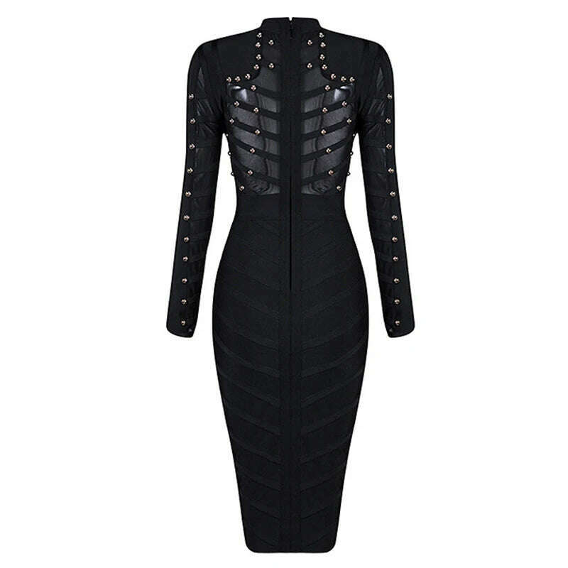 KIMLUD, Black Beade Bodycon Bandage Dress Women Vestidos 2019 Summer Sexy Elegant Black Long Sleeves Midi Celebrity Runway Party Dresses, KIMLUD Womens Clothes