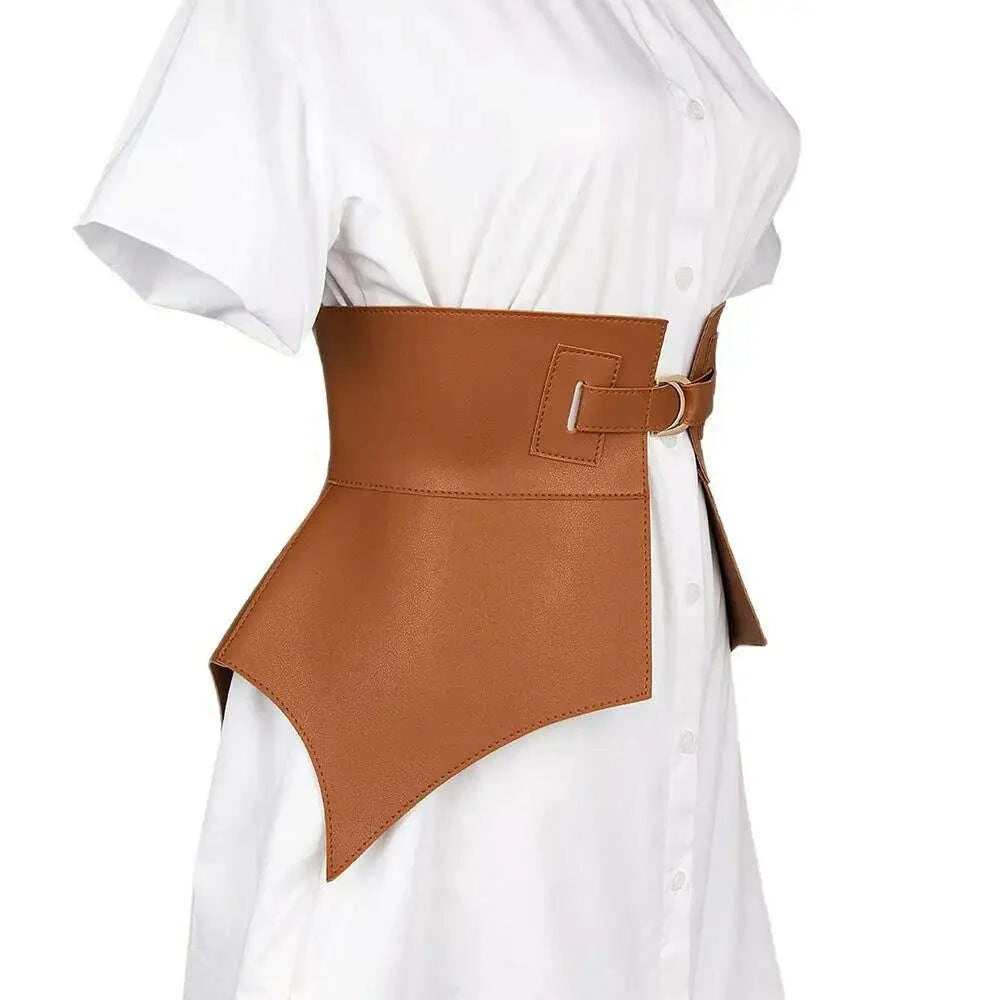 Black Brown Irregular Pu Leather Long Wide Belt Punk Style Women Fashion Autumn Winter Waistband Corset Belt