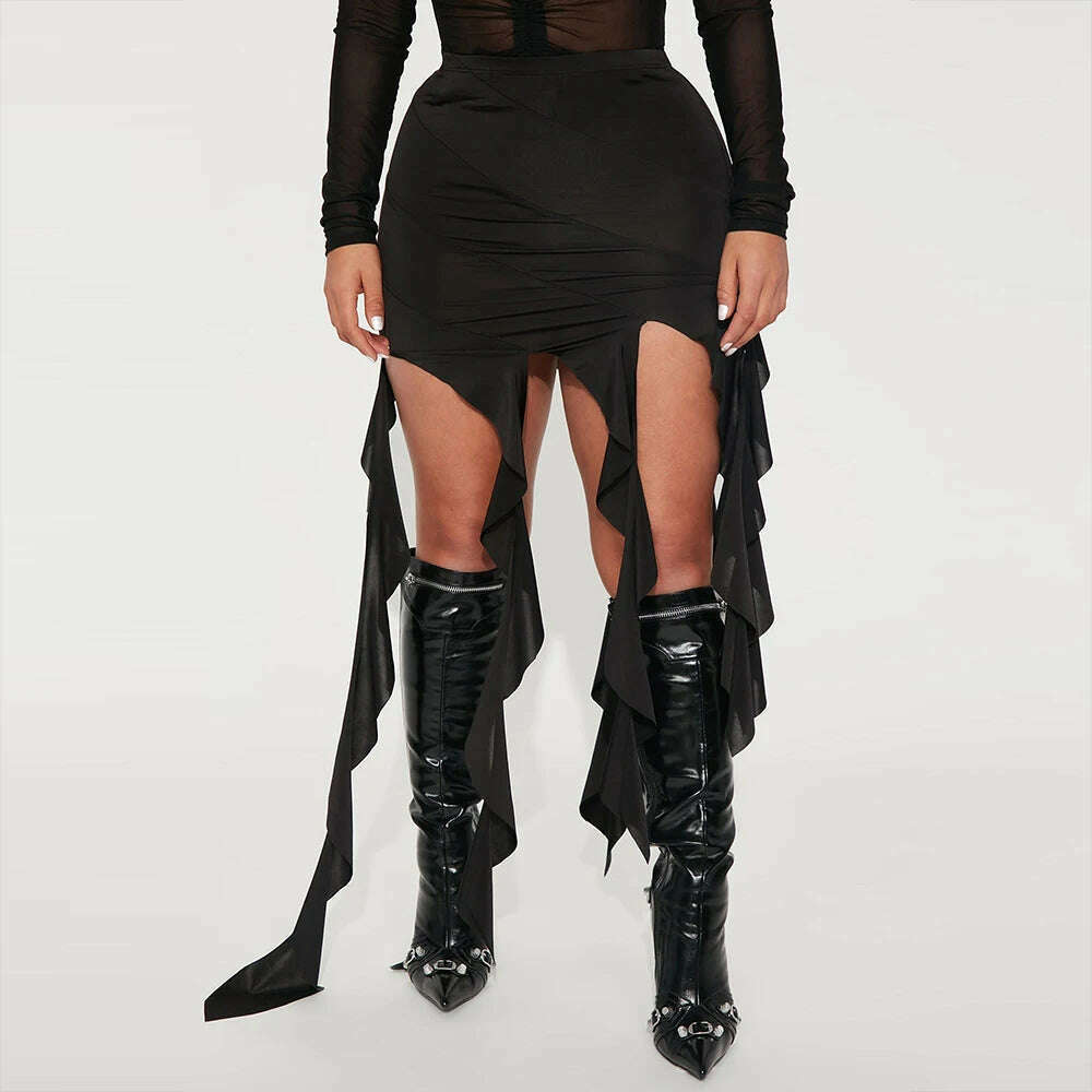 Black Elegant Fashion Slim Fit Tassel Mini Skirt Streetwear Sexy High Waist Stretch Ribbon Bodycon Skirts 2023Summer Y2K Clothes - KIMLUD