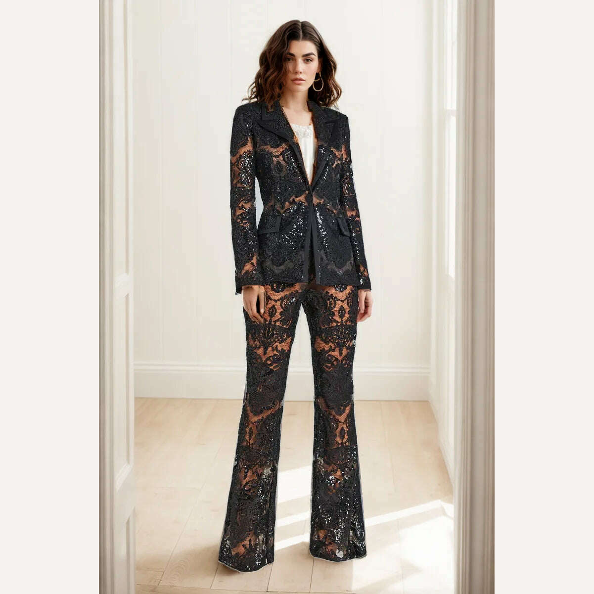 KIMLUD, Black Lace Mesh Embroidered Sequin Pant Sets White New Designer Sequins Blazer Pants Set 2Pieces Suits Pants Punk Suit Outfis, KIMLUD Womens ClothesKIMLUD, Black Lace Mesh Embroidered Sequin Pant Sets White New Designer Sequins Blazer Pants Set 2Pieces Suits Pants Punk Suit Outfis, black set / S, KIMLUD APPAREL - Womens Clothes