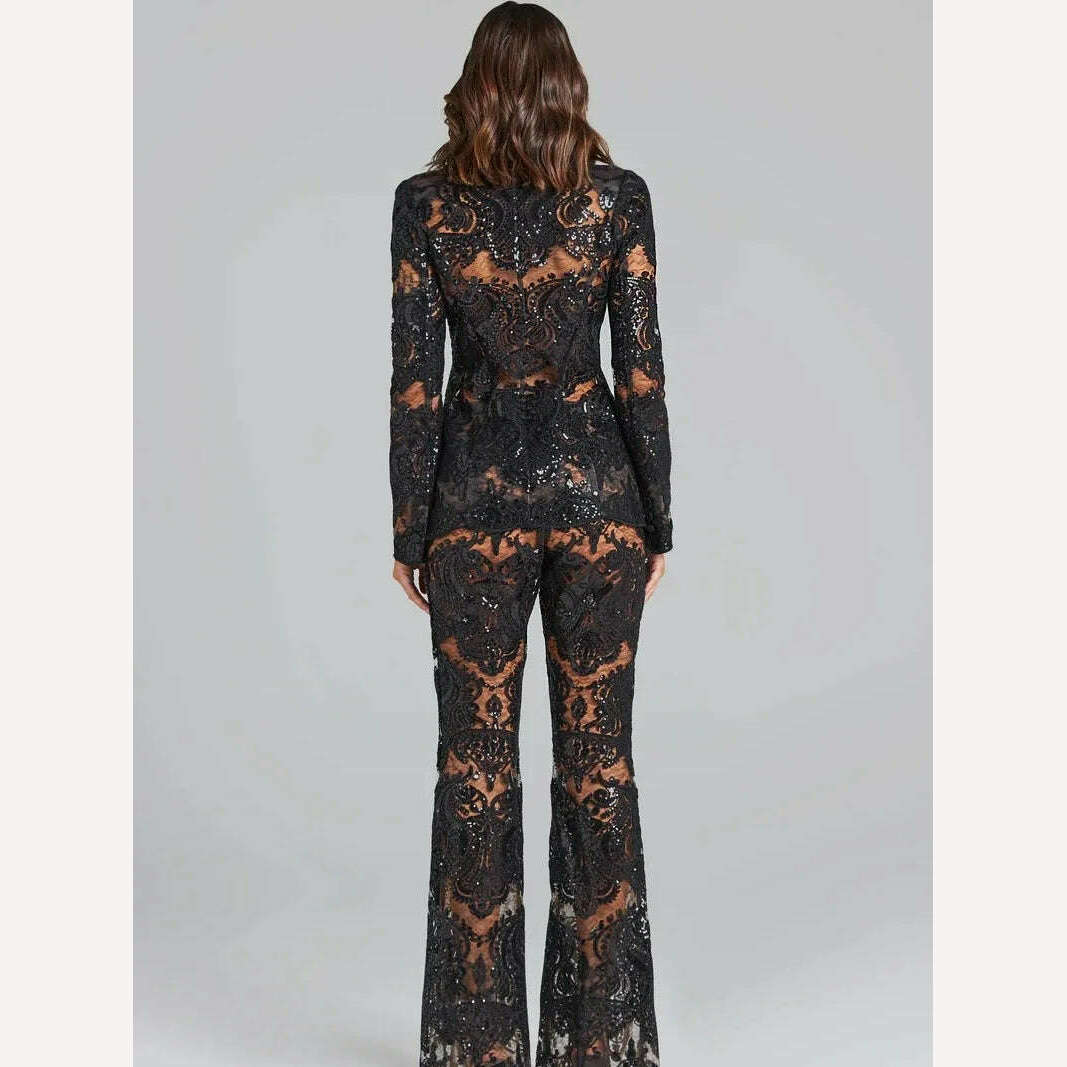 KIMLUD, Black Lace Mesh Embroidered Sequin Pant Sets White New Designer Sequins Blazer Pants Set 2Pieces Suits Pants Punk Suit Outfis, KIMLUD Womens Clothes