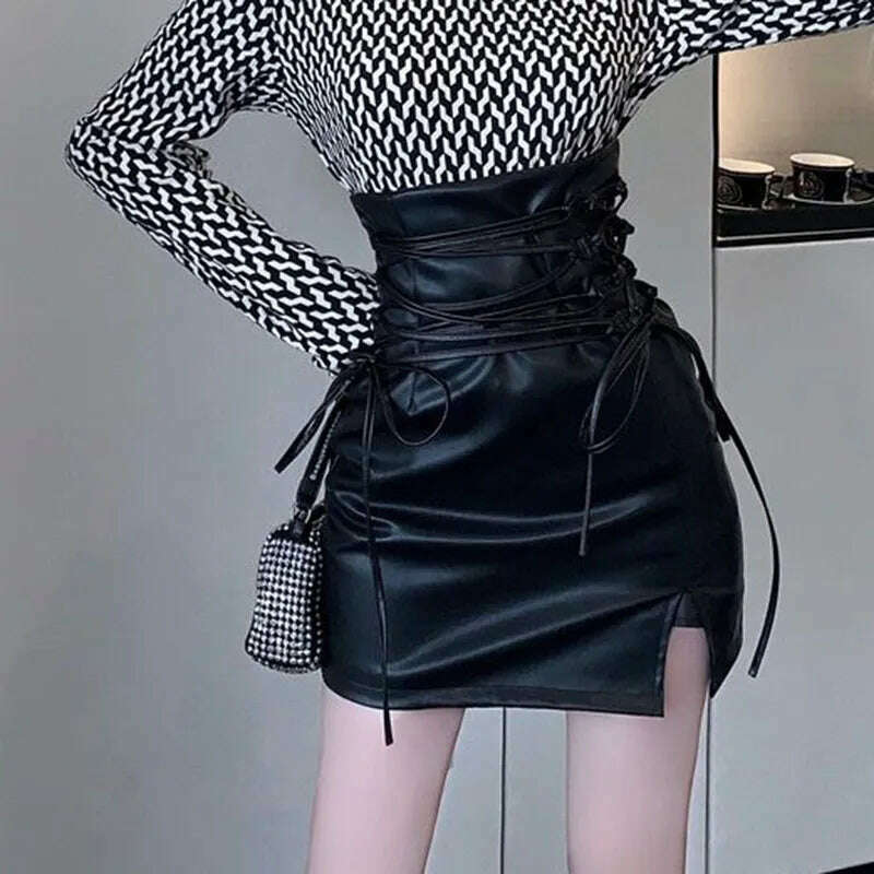 KIMLUD, Black Leather Mini Skirts Women Gothic High Waist Slim Fit Lace-Up Pencil Skirt Female Sexy Club Back Zipper Split Bag Hip Skirt, KIMLUD Womens Clothes