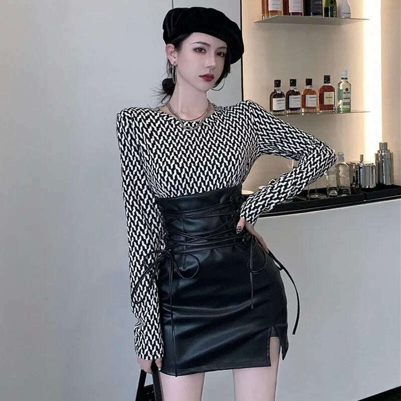 KIMLUD, Black Leather Mini Skirts Women Gothic High Waist Slim Fit Lace-Up Pencil Skirt Female Sexy Club Back Zipper Split Bag Hip Skirt, KIMLUD Womens Clothes