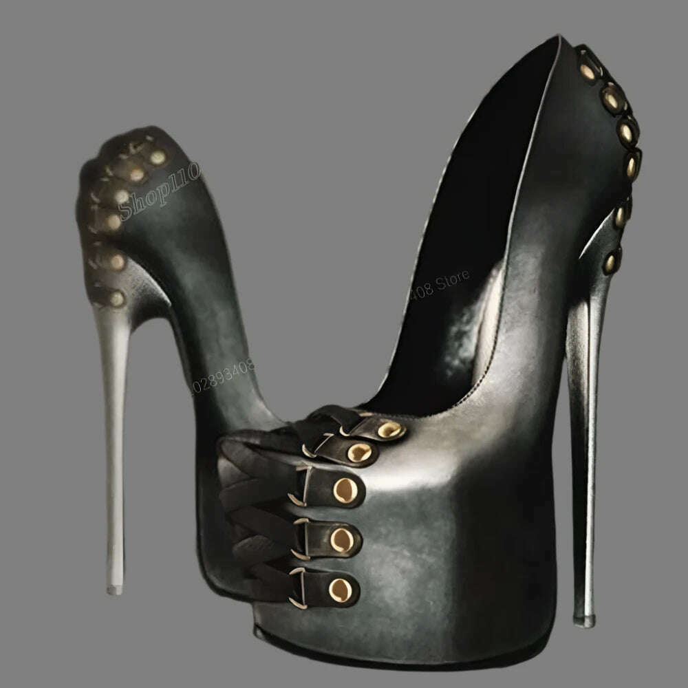 Black Matte Leather Buckle Belts Shallow Pumps Cross Tied Stiletto Hig Black Matte Leather Buckle Belts Shallow Pumps Cross Tied Stiletto Hig