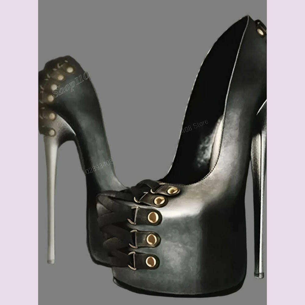 Black Matte Leather Buckle Belts Shallow Pumps Cross Tied Stiletto High Heel Sexy Fashion Women Shoes 2024 Zapatos Para Mujere - KIMLUD