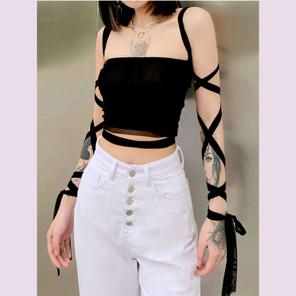 KIMLUD, Black Mesh Lace Up Bandage Crop Top Fairy Grunge Aesthetic Clothes Cyber Y2k Mall Goth Tanks Sexy Clothing, KIMLUD Womens Clothes