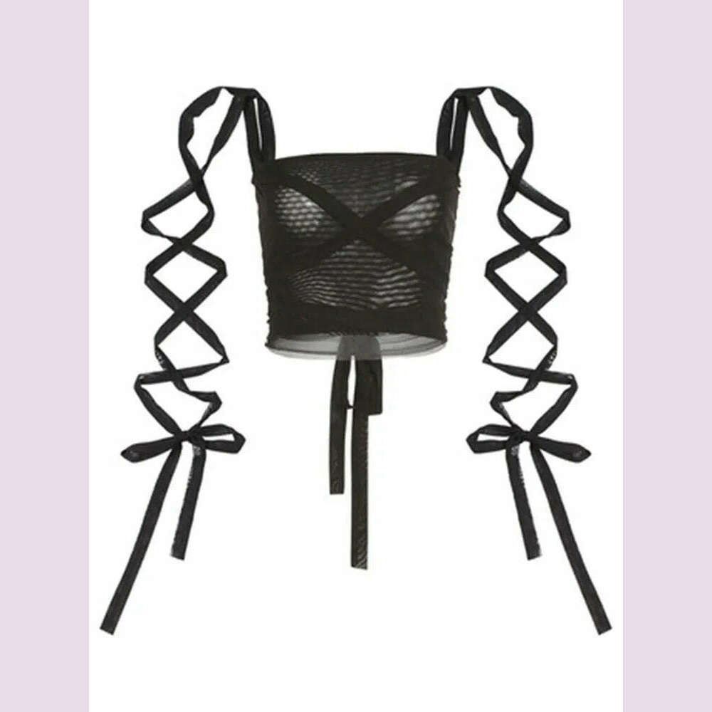 KIMLUD, Black Mesh Lace Up Bandage Crop Top Fairy Grunge Aesthetic Clothes Cyber Y2k Mall Goth Tanks Sexy Clothing, KIMLUD Womens Clothes