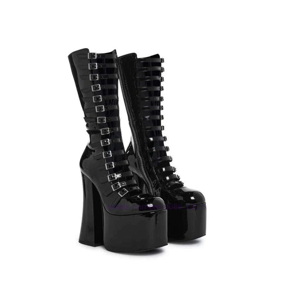 Black Multi-Buckle Platform Sandals Chunky Heel Cut Out Knee High Sandal Boots for Women 2024 Luxury Runway Shoes Lolita Cute - KIMLUD