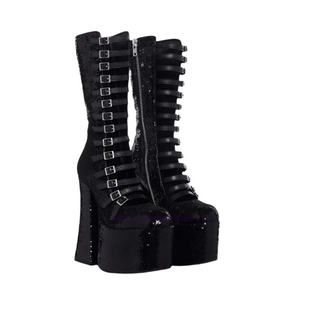 Black Multi-Buckle Platform Sandals Chunky Heel Cut Out Knee High Sandal Boots for Women 2024 Luxury Runway Shoes Lolita Cute - KIMLUD