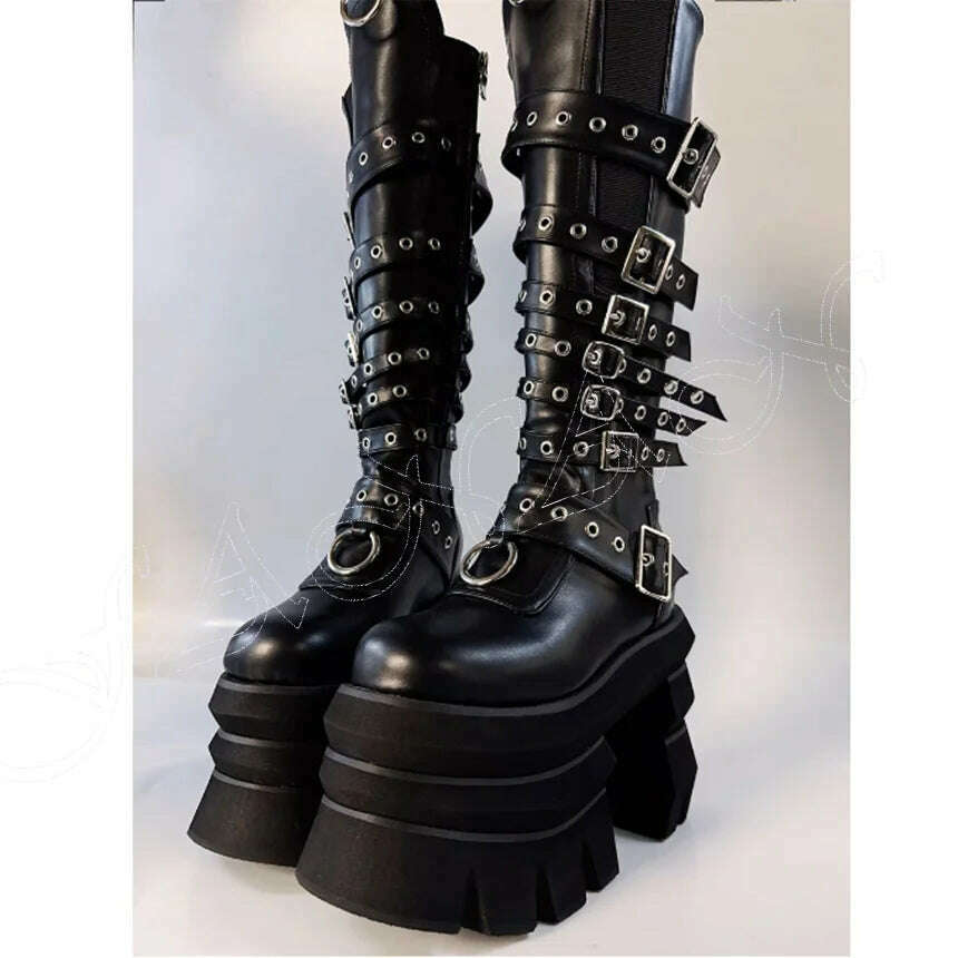 KIMLUD, Black Multi Buckle Punk Boots Platform Side Zipper High Heel Shoes for Women High heel High Heels 2023 New Zapatos Para Mujere, KIMLUD Womens Clothes