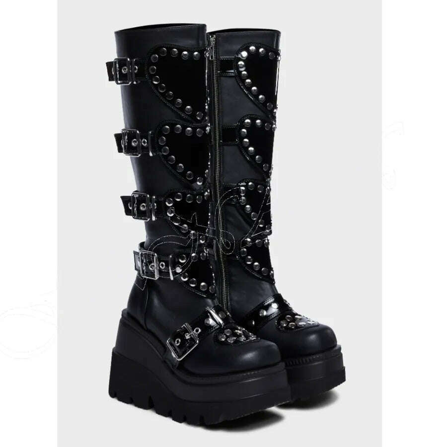 KIMLUD, Black Multi Buckle Punk Boots Platform Side Zipper High Heel Shoes for Women High heel High Heels 2023 New Zapatos Para Mujere, black 2 / 35, KIMLUD Womens Clothes
