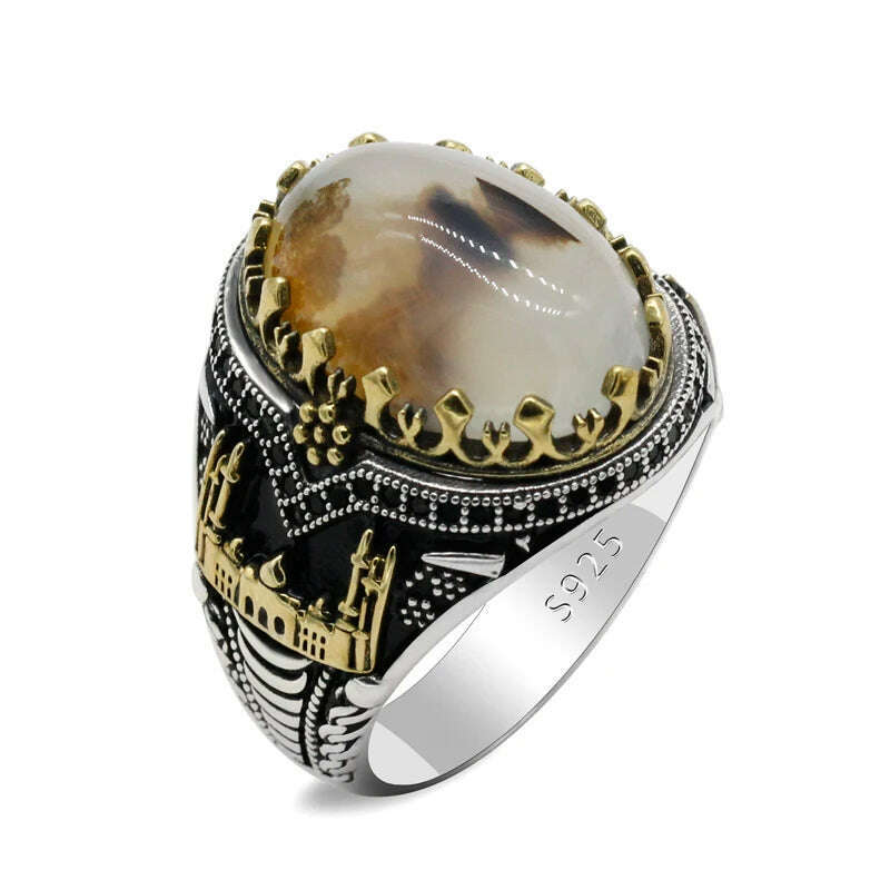 Black Natural Agate Stone Ring 925 Silver Men's Ring Castle Turkish Constantinople Auspicious Vintage Signet Ring Track Wedding - KIMLUD