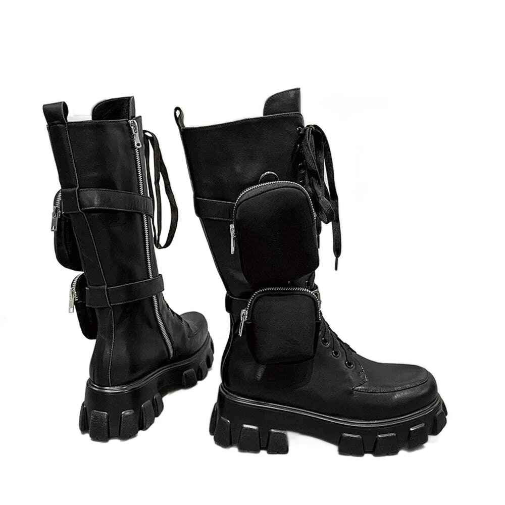 Black Package Design Thick Sole Boots For Female Women Luxury Round Toe Lace-up Mid-calf Handmade Fashion Solid All-match Shoes - KIMLUD